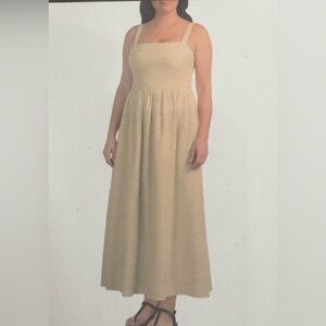 Dalia Square-Neck linen Cream Maxi Dress smocked back size M NWT